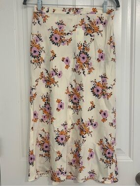 Urban Outfitters Floral Cream Midi Skirt with Lilac and Orange Blooms